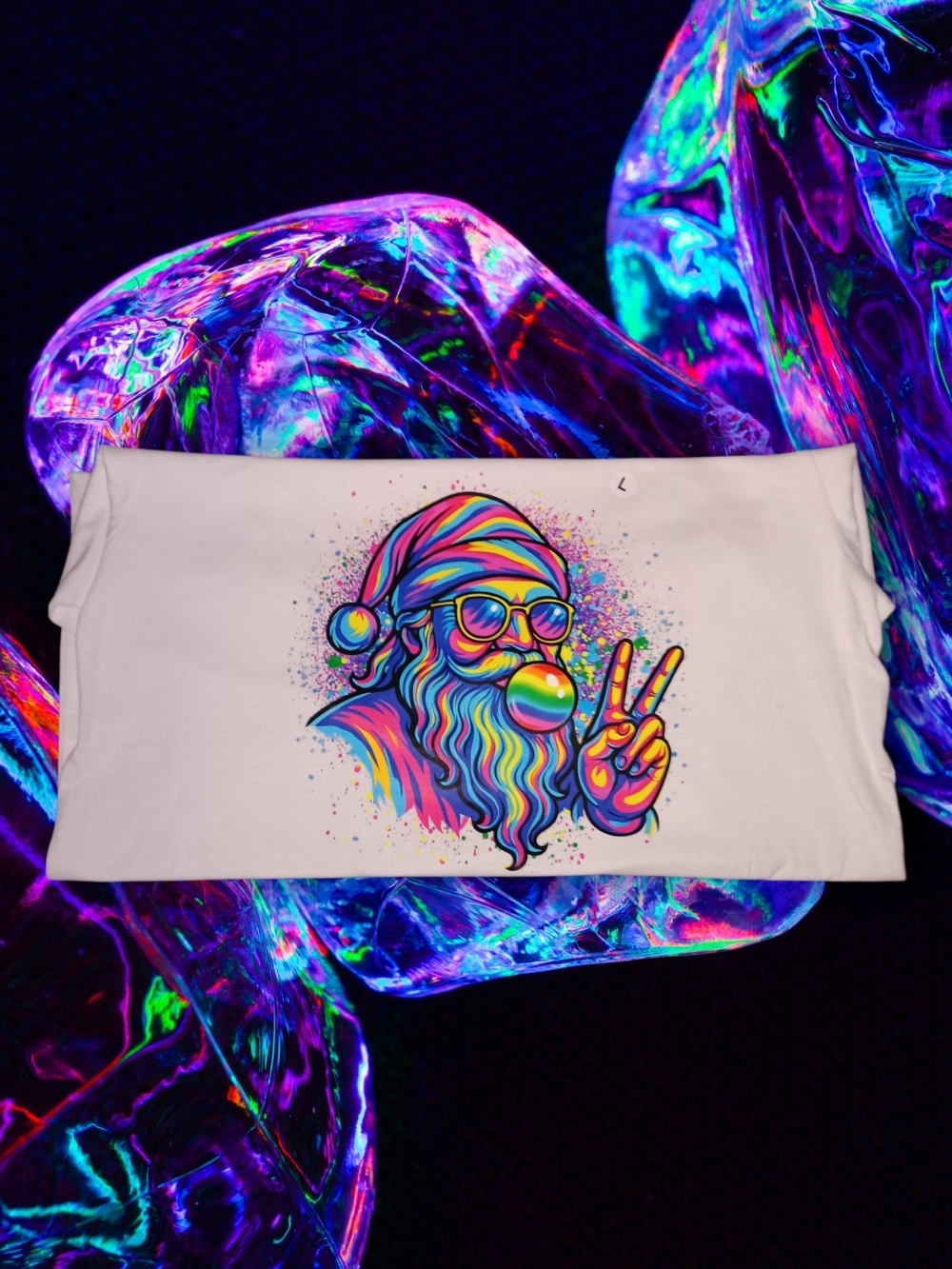 Men's Short Sleeve Graphic Tee - Neon Santa Peace Design - White